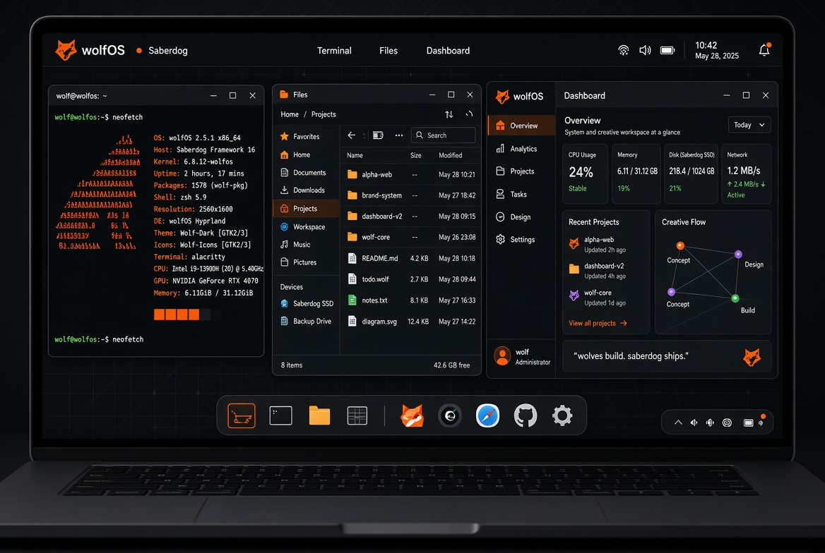 Screenshot of wolfOS running — terminal, file manager, and dashboard on a dark themed desktop